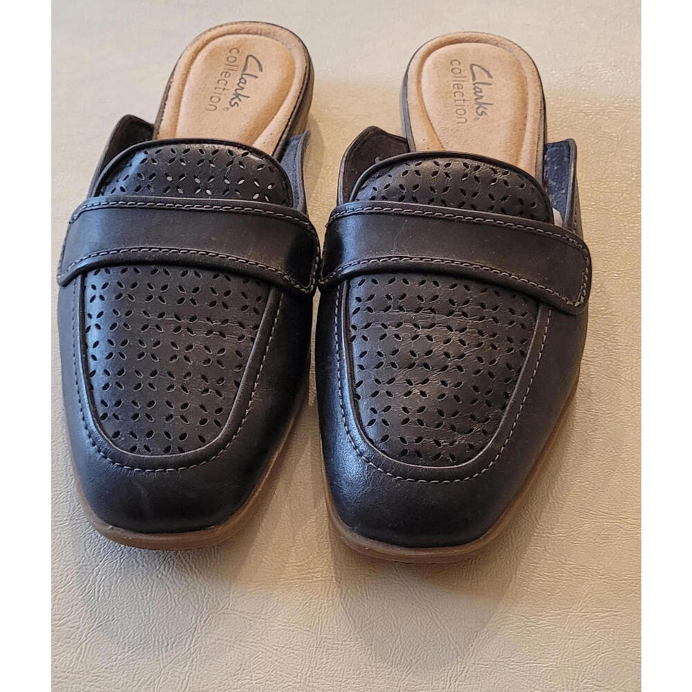Clarks Collection Black Leather Perforated Lyrical Rose Slip On Mules  Wide 8W